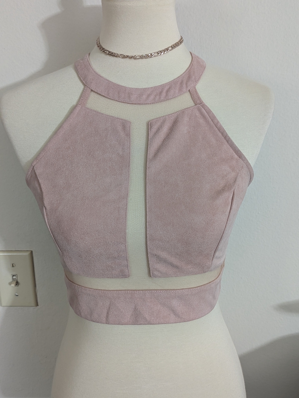 Vintage Charlotte Russe Y2K Mauve Faux Suede Mesh Cutout Halter Crop Top S